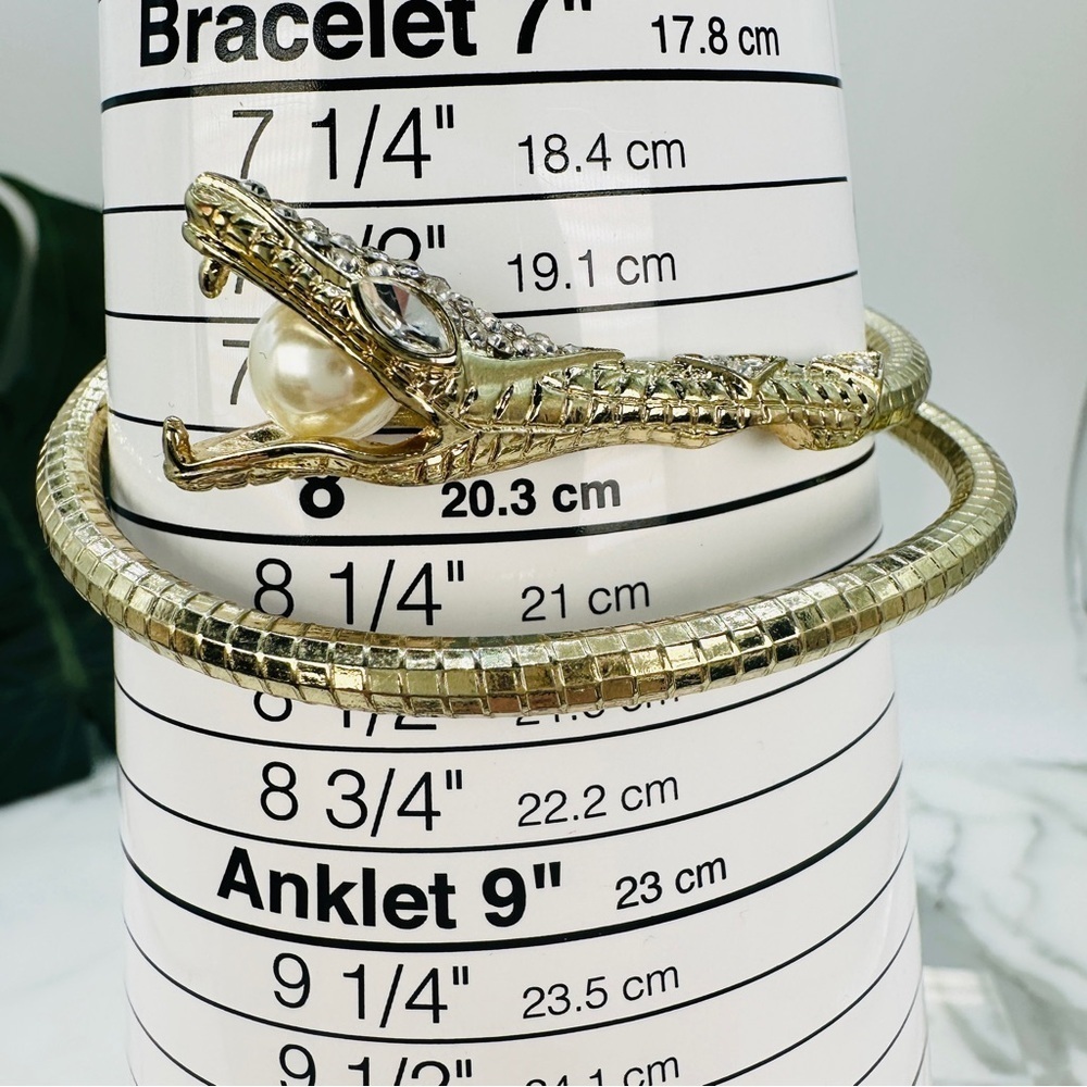 Snake Bracelet Pearl In Mouth Rhinestone Head Coiled Gold-tone Serpent Bracelet - Picture 12 of 13